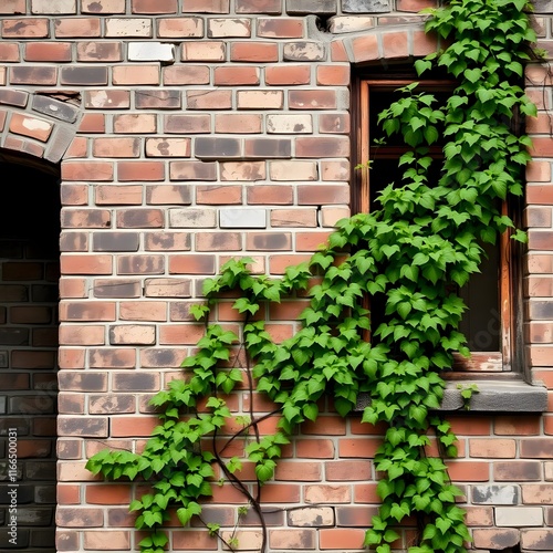 Rustic Brick Wall with Lush Green Ivy photo