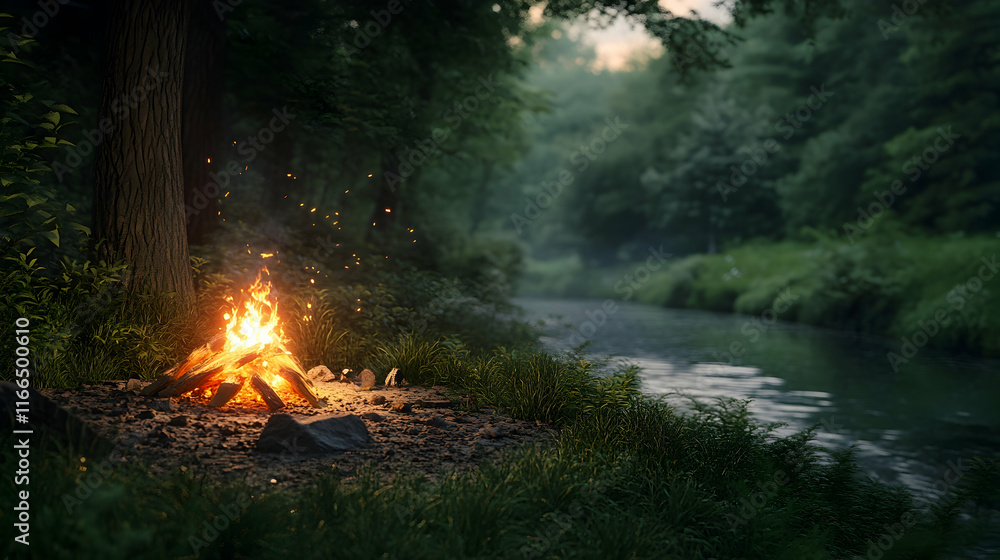 Campfire in a dense forest beside a quiet river, soft whispers of wind through the branches and small animals darting in the underbrush Campfire in a dense forest beside a quiet river, soft whispers of wind through the branches and small animals darting in the underbrush