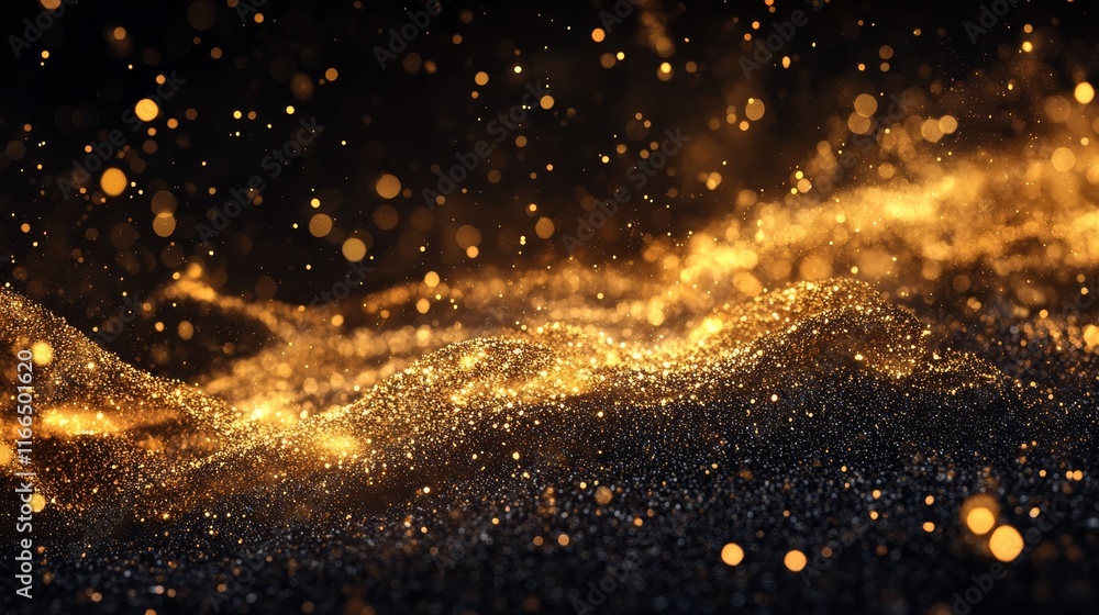 A shimmering abstract representation of golden particles in a dark, cosmic-like environment. A shimmering abstract representation of golden particles in a dark, cosmic-like environment.
