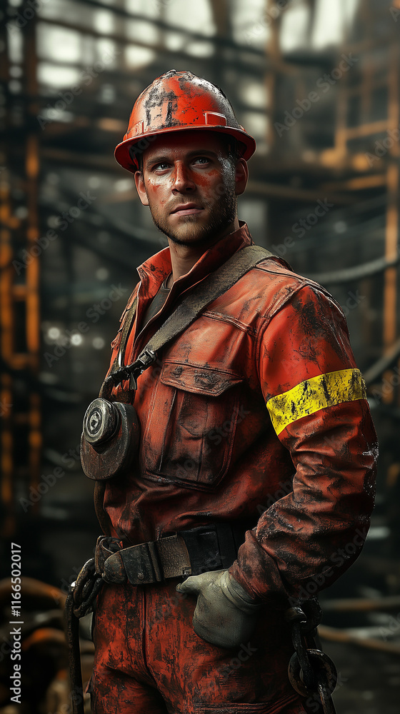 Fototapeta premium Industrial worker in orange uniform and hard hat