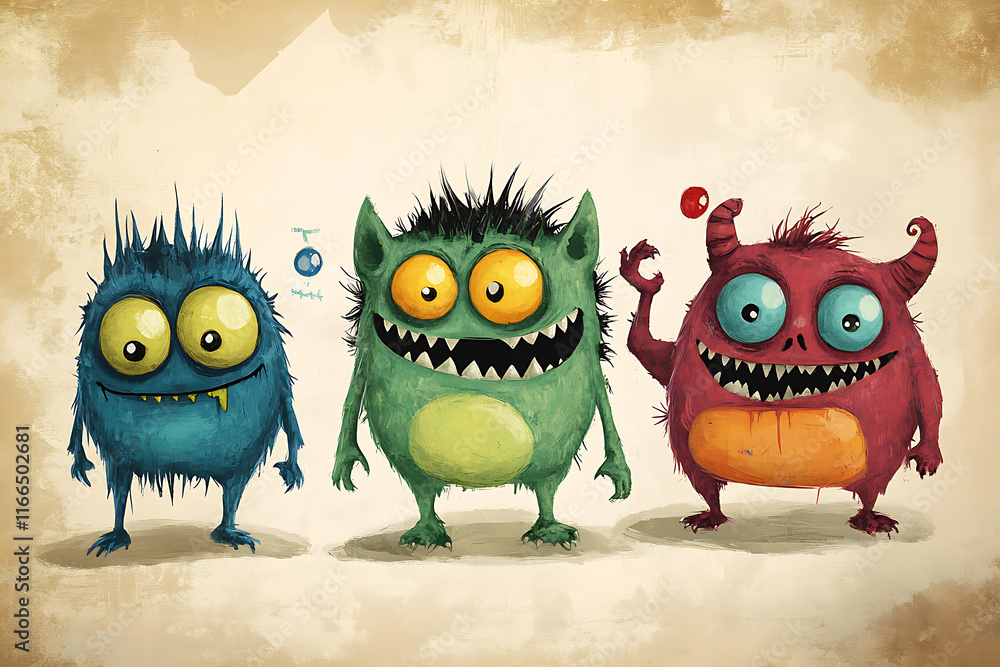 Fototapeta premium Three colorful, cartoonish monsters with exaggerated features and playful expressions.