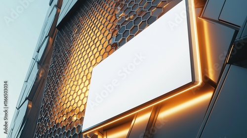 Close-up of white sign on building with honeycomb pattern.