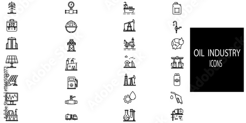 OIL industry simple concept 28 icons set. Contains such factory, oil platform, power plant, pollution, air pollution, solar panel, engineering, claw, robot .Vector illustration.