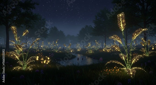 Enchanting Glowing Plants Night Forest Fantasy Landscape