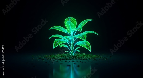 Glowing Neon Plant Green Leaves Dark Background Nature Growth Sci Fi Botanical Ecology Energy Life