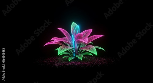 Neon Plant Glowing Leaves Dark Background Pink Green Illuminated Flora Night Scene Tropical Plant