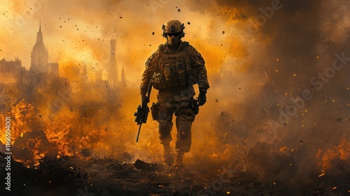 Modern Soldier Striding Through a War-Torn Urban Battlefield – Abstract Art photo