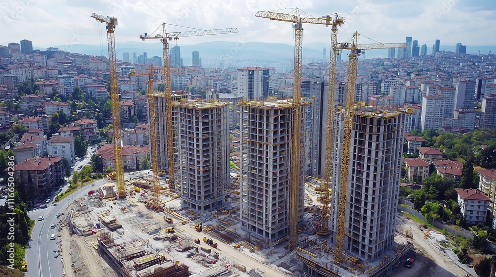 Naklejka premium Large Urban Development Project with Multiple Cranes in Action