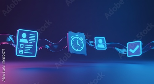 Neon Icons Resume Clock Profile Checkmark Abstract Background