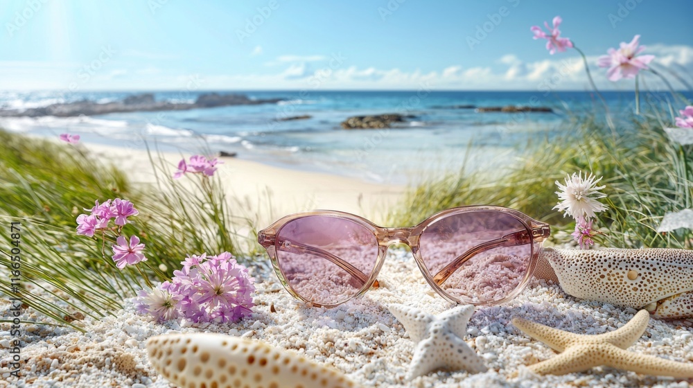 Summer Beach Sunglasses Pink Flowers Starfish Coastal Scene Summer Beach Sunglasses Pink Flowers Starfish Coastal Scene