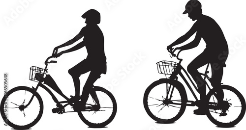 boy and girl rides bicycle, black bicycle silhouette vector