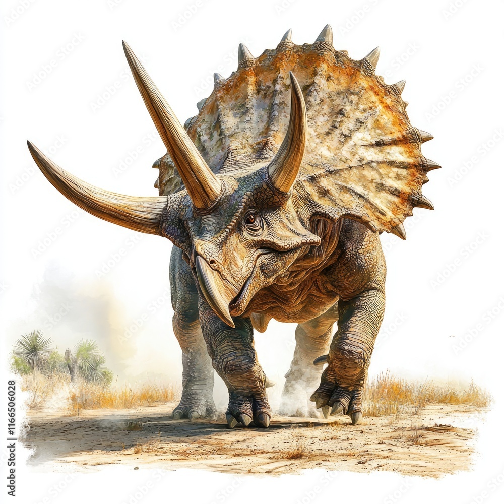 Fototapeta premium A detailed illustration of a Triceratops walking through a prehistoric landscape.