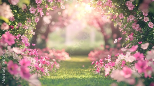 Spring Blossoms Pink Flower Garden Path Nature Background