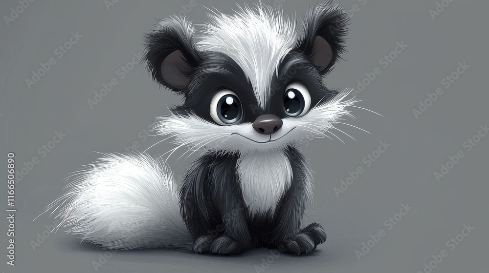 Adorable cartoon skunk with fluffy fur and bright eyes, sitting on a muted gray background. Adorable cartoon skunk with fluffy fur and bright eyes, sitting on a muted gray background.