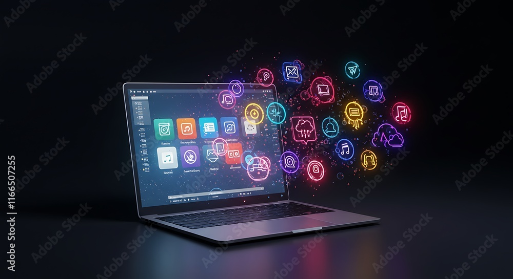 Laptop Screen with Colorful App Icons Digital Technology Online Media Software Interface Laptop Screen with Colorful App Icons Digital Technology Online Media Software Interface