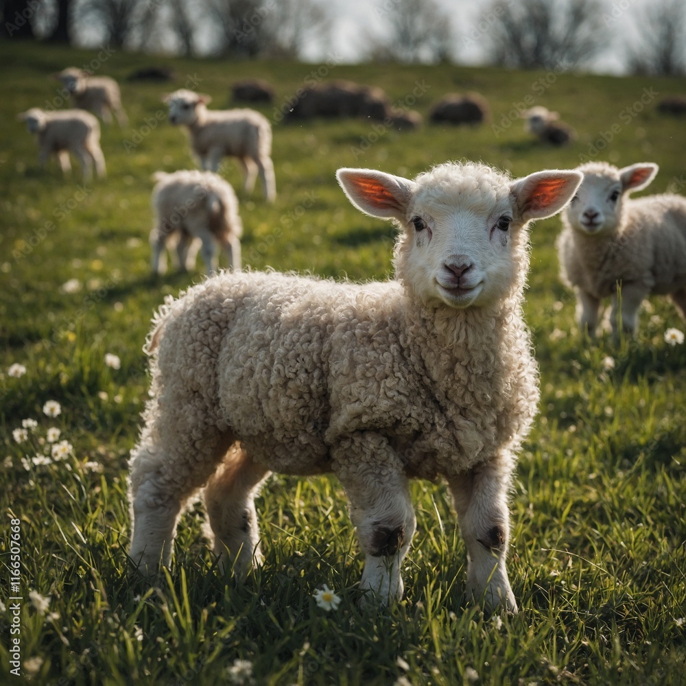 Focus on lambs playing in spring meadows. Focus on lambs playing in spring meadows.