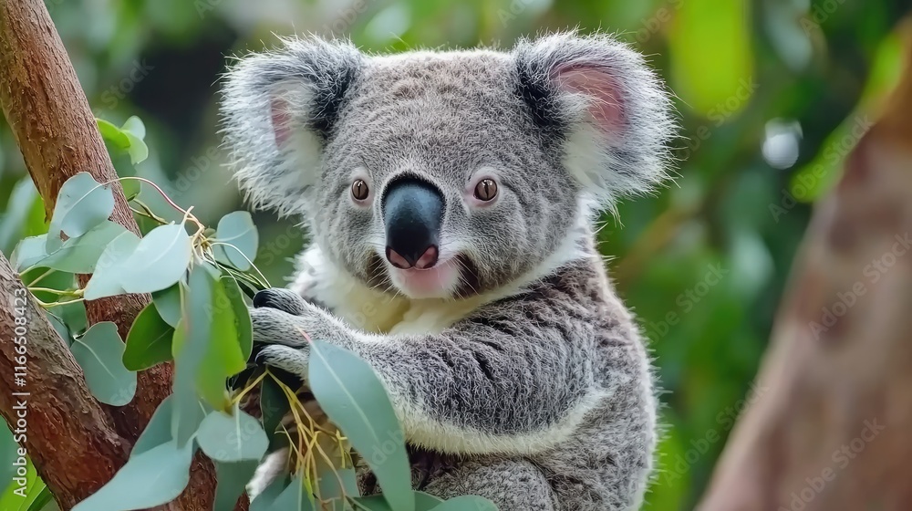 Fototapeta premium A close-up of a koala perched on a tree branch surrounded by eucalyptus leaves.
