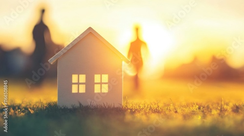 A tiny house rests on lush green grass, basking in the warm golden light of sunset while people stroll nearby, creating a tranquil atmosphere