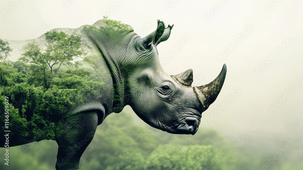Fototapeta premium double exposure effect of an rhino and green jungle. World wildlife day