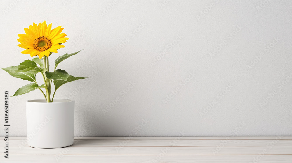 bright yellow sunflower in white pot against light backdrop bright yellow sunflower in white pot against light backdrop