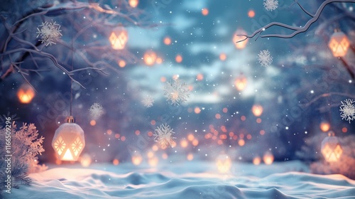 A snowy landscape where the snowflakes are delicate crystals that emit a soft glow, and the sky is filled with luminous, floating lanterns drifting gently. 32k, full ultra hd, high resolution photo