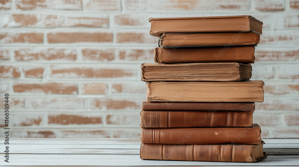 stack of old books with worn covers against rustic brick wall stack of old books with worn covers against rustic brick wall