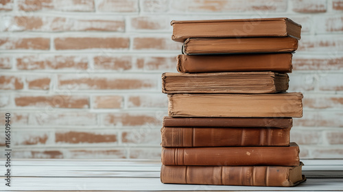 stack of old books with worn covers against rustic brick wall photo