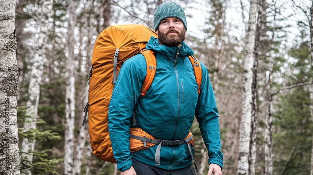 A man hiking in a forest with a large backpack, ready for an outdoor adventure. A man hiking in a forest with a large backpack, ready for an outdoor adventure.