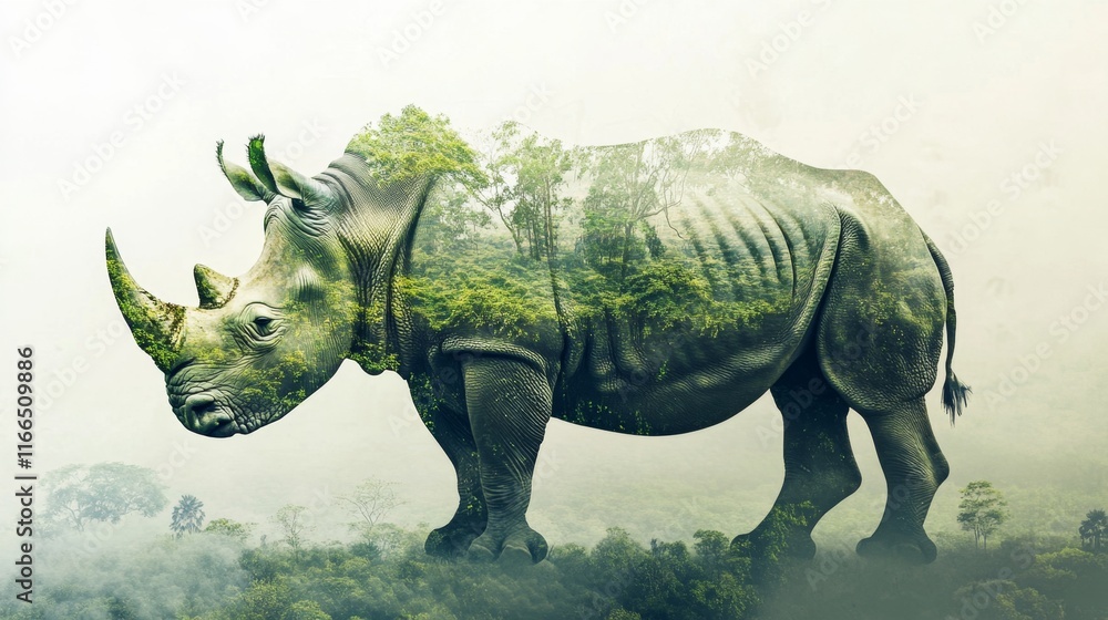 Fototapeta premium double exposure effect of an rhino and green jungle. World wildlife day