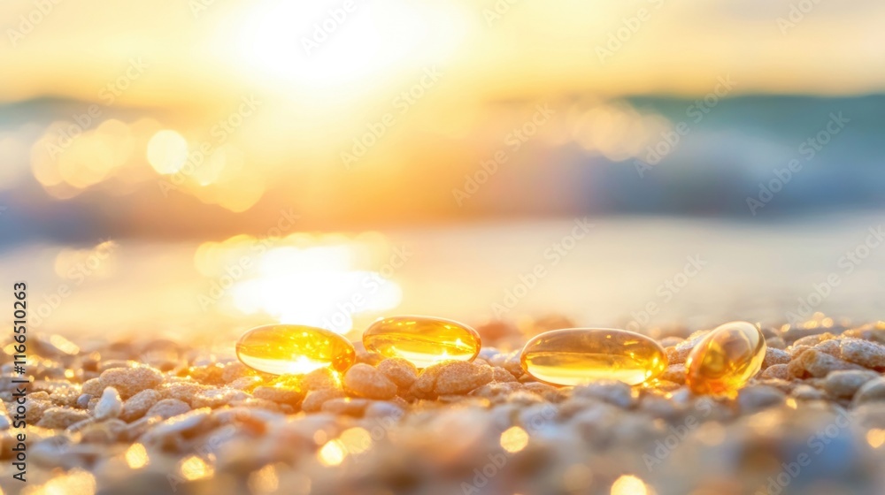 Obraz premium Soft sunlight illuminates vitamin D capsules placed on smooth pebbles beside gentle waves, capturing a tranquil winter moment