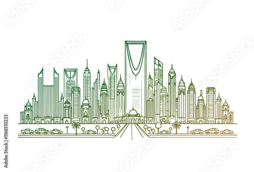 Line drawing of Modern cityscape of Saudi Arabia.