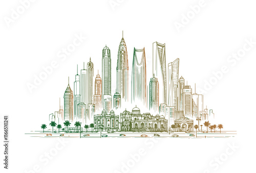 Line drawing of Modern cityscape of Saudi Arabia.