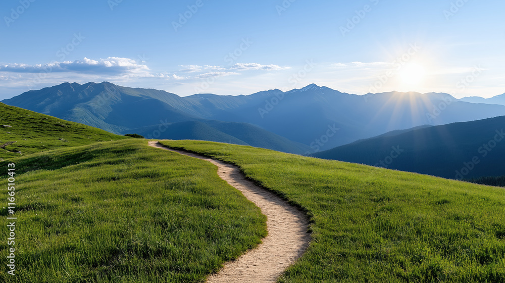 winding path through lush green hills under bright sun winding path through lush green hills under bright sun