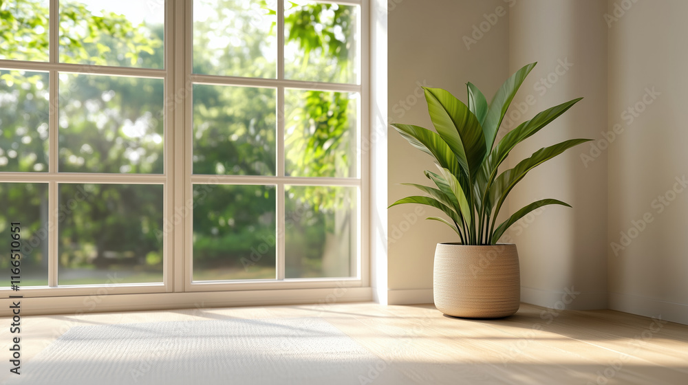 bright indoor space featuring potted plant by large window, creating serene atmosphere