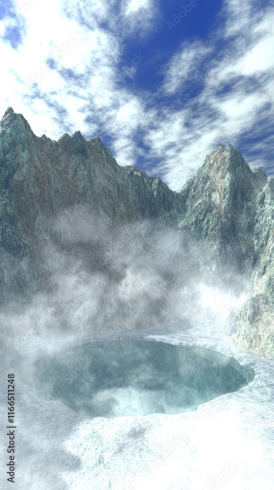 A serene landscape featuring mountains and a misty lake under a cloudy sky. A serene landscape featuring mountains and a misty lake under a cloudy sky.