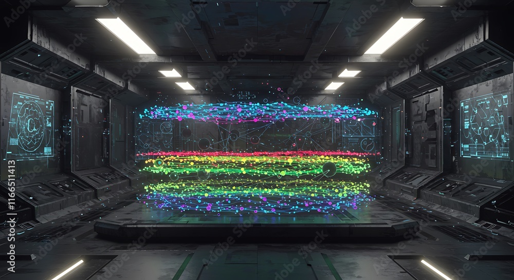 Obraz premium Futuristic Data Visualization Rainbow Spectrum in Sci Fi Corridor
