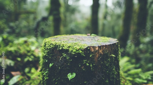 A wooden stump rests on the forest floor, adorned with vibrant green moss and surrounded by lush jungle vegetation creating a serene atmosphere photo