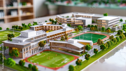 A detailed desk-top model of a modern school campus with sports fields and libraries.