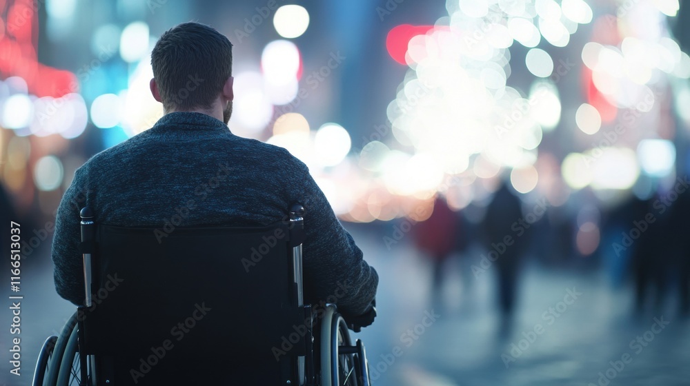 A wheelchair user smoothly moves through a bustling city street filled with colorful lights and shadows during the night A wheelchair user smoothly moves through a bustling city street filled with colorful lights and shadows during the night