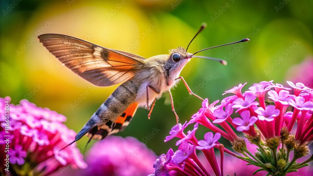 Hummingbird Hawk Moth Pollinating Flowers in Vibrant Garden Hummingbird Hawk Moth Pollinating Flowers in Vibrant Garden