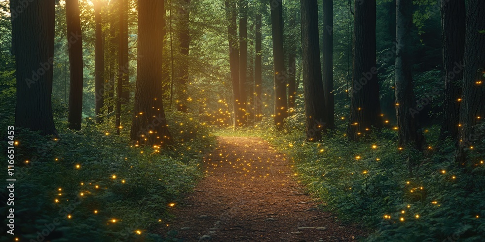 Fototapeta premium Enchanted Forest Path Illuminated By Fireflies At Dusk