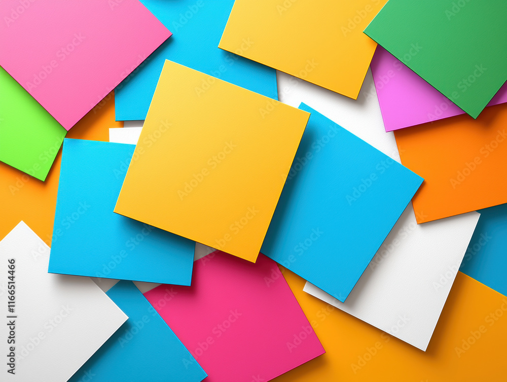 Colorful square paper sheets in vibrant hues scattered on bright background create lively and artistic composition. Perfect for creative projects and design inspiration Colorful square paper sheets in vibrant hues scattered on bright background create lively and artistic composition. Perfect for creative projects and design inspiration