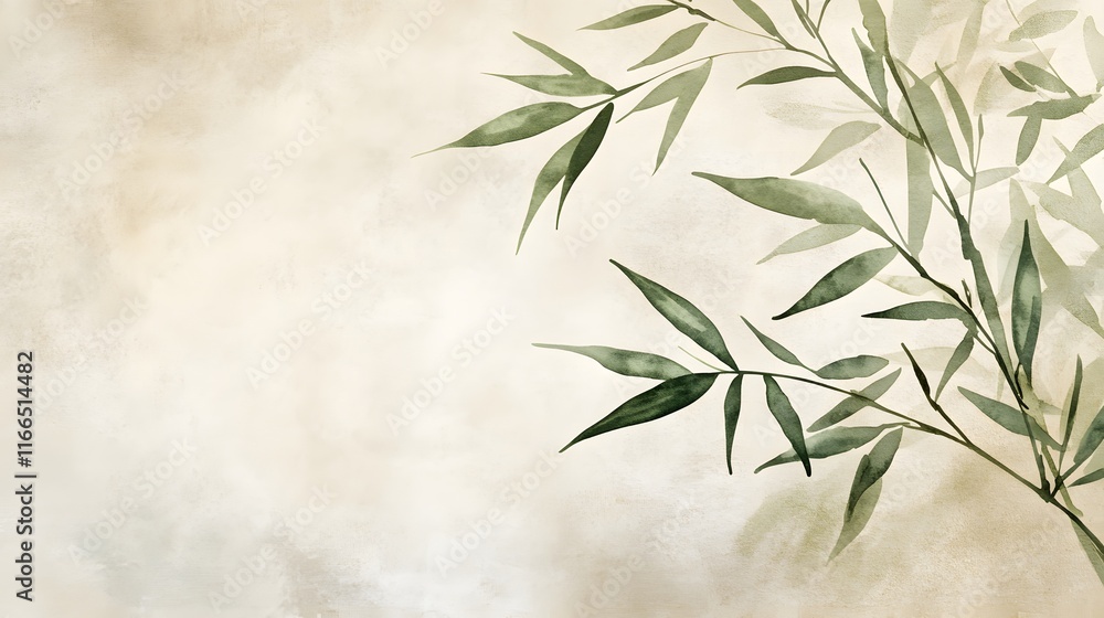 Fototapeta premium Minimalistic Green Bamboo Leaves on Textured Background