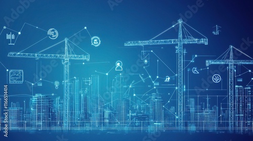 Wallpaper Mural Smart City Construction: Digital Blueprint of a futuristic cityscape rising, construction cranes and digital icons merging in a vibrant illustration of urban development.  Torontodigital.ca