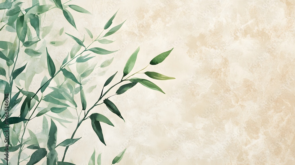 Minimalistic Green Bamboo Leaves on Textured Background
