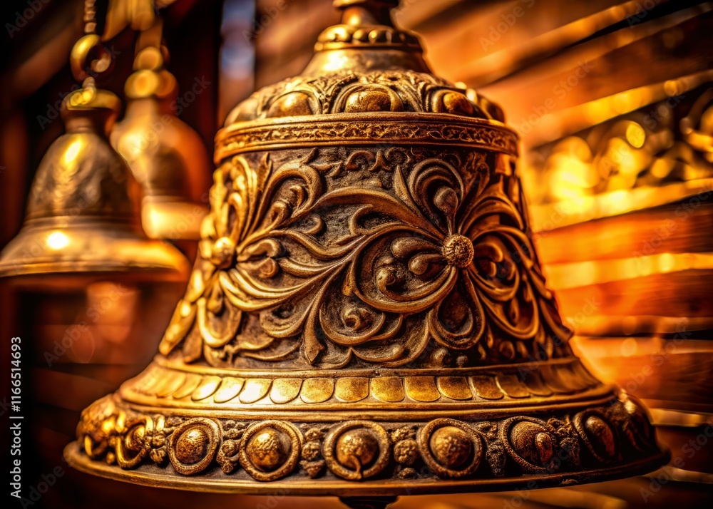 Intricate Brass Bell Close-Up: Detailed Texture and Antique Design Intricate Brass Bell Close-Up: Detailed Texture and Antique Design