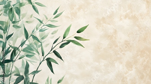 Obraz na płótnie Minimalistic Green Bamboo Leaves on Textured Background w salonie