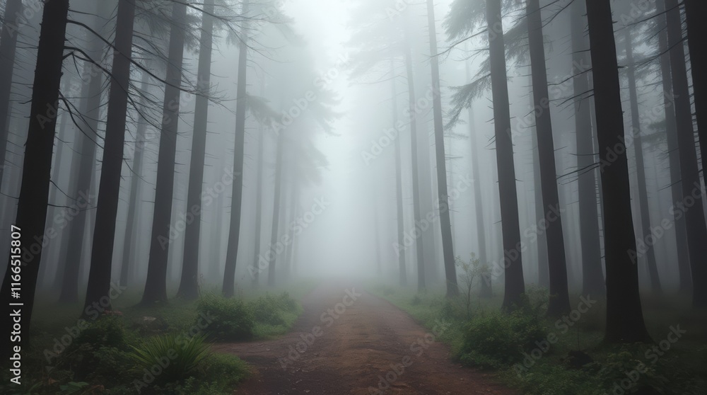 Fototapeta premium Mysterious Misty Forest Path Surrounded by Trees