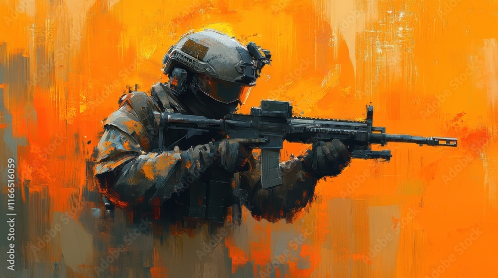 Abstract Soldier Aiming Weapon in Orange Hues – Medium Shot. Abstract Soldier Aiming Weapon in Orange Hues – Medium Shot.