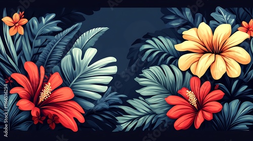 Vivid Tropical Flowers and Lush Green Leaves Design